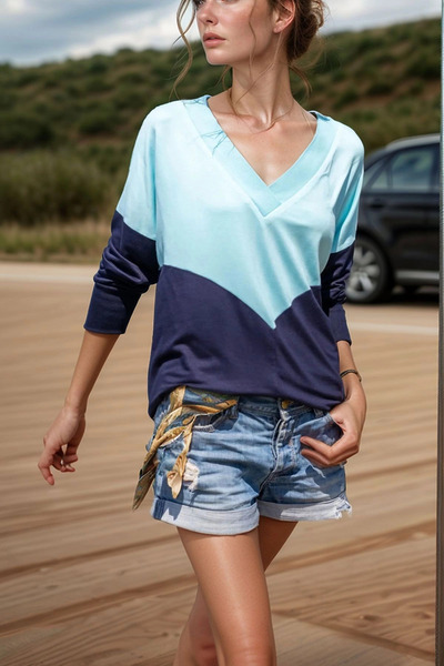 loia بلوزة نسائية فضفاضة ذات ملمس ناعم وياقة على شكل حرف V بلون أزرق داكن ونع...