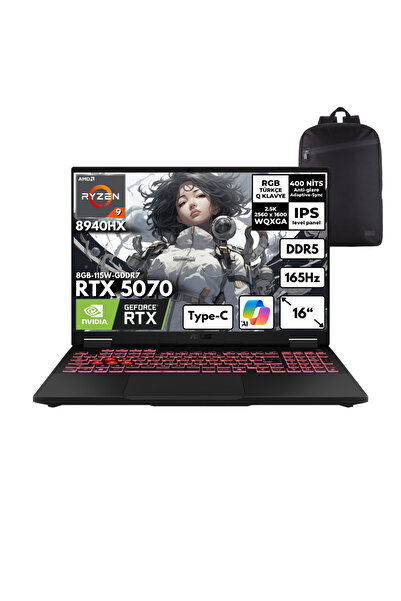 ASUS TUF A16 Ryzen 9-8940HX 32GB 1 TBSSD RTX5070 16" Win 11 Pro + S. Çantası ...