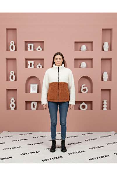 Fifty Color Trend, Women'S, Cinnamon - White, Color Block, Zipper, Stand-Up Collar, Sherpa, Fleece, Jacket