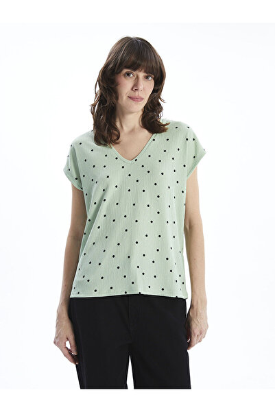 LC Waikiki Green V-Neck Polka Dot Women's T-Shirt