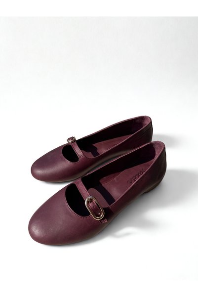 SALDA Genuine Leather Women's Burgundy Mary Jane Ballet Flats - Handmade Daily Comfortable Shoes