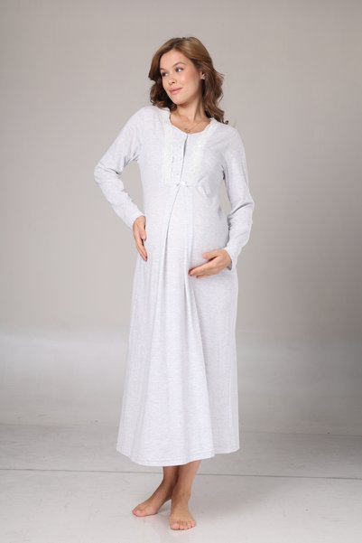Generic Brand Women's Gray Shawl Collar Lace Maternity Nightgown-Robe Set of 2