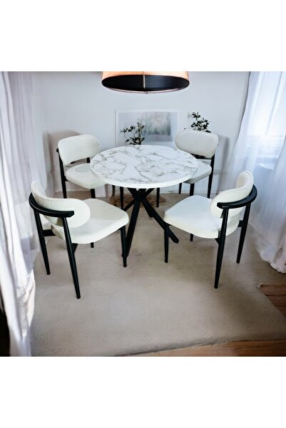 Modern Style Home Yeliz Mutfak Masa Takımı 4 Kişilik Beyaz Mermer Desenli