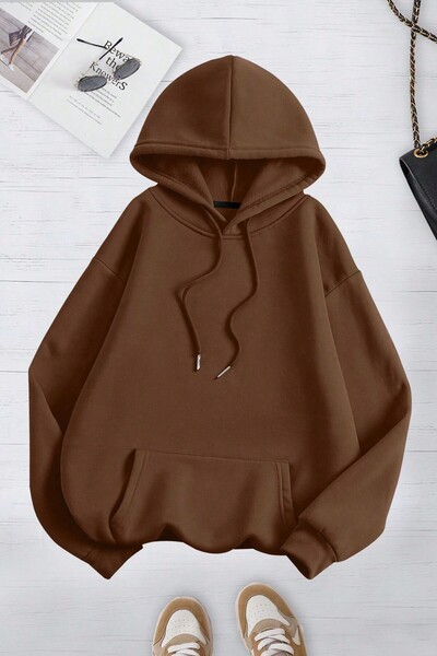 MODAGEN Unisex 3'lü Bej Kahve Siyah Kapüşonlu Oversize Sweatshirt