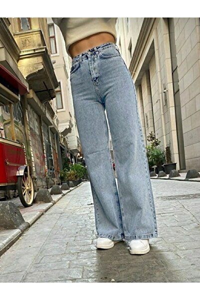 mooishan جينز نسائي فضفاض عالي الخصر يغسل بالثلج - جينز بالازو أزرق عالي الخص...