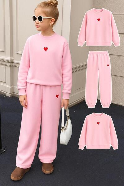 MORNİNG KİDS Розова суитшърт за момичета с принт на сърце - Комплект розови п...