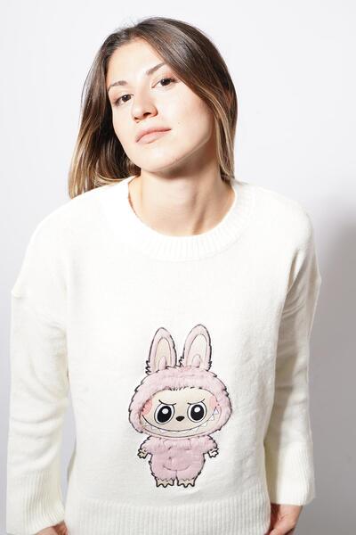 Pafi Moda Pulover tricotat cu detalii Bunny Labubu alb