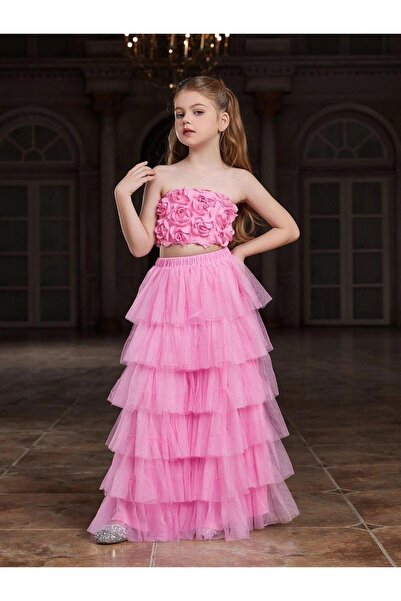 INDRESS STUDIO Kız Çocuk Gül Detaylı Bluz & Tül Etek Takım