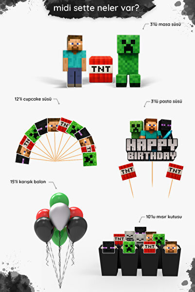 Hey Parti Minecraft Doğum Günü Parti Seti - Creeper Steve Enderman TNT Doğum Günü Parti Malzemeleri - Midi