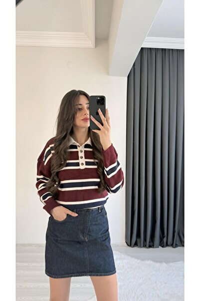 Sedaunlu Buy Bordo Cream Striped Polo Neck Sweater