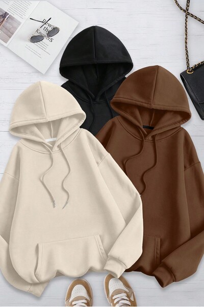 MODAGEN Unisex 3'lü Bej Kahve Siyah Kapüşonlu Oversize Sweatshirt