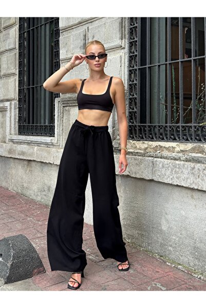 loia Women's Black High Waist Belted Comfortable Fit Wide Leg Pants Loi̇25-Pk...