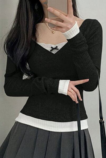 Karakedi بلوزة قصيرة بأكمام طويلة مزينة بفيونكة من الدانتيل الأسود بتصميم Y2K