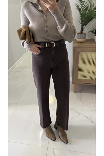 BİRCANÇİL بنطلون جينز مستقيم من ميلوتي كافيه ويتشينج كيستد باتش مع حزام