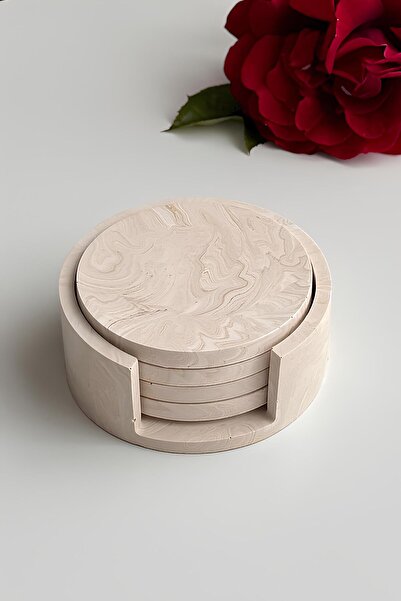 betonmall طقم من 4 قواعد أكواب خرسانية منقوشة برخام مع حامل |   مجموعة ديكور بسيطة