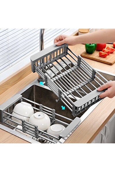 Flippy Επεκτεινόμενη σχάρα αποστράγγισης για κουζίνα, Flippy, στεγνωτήριο πιάτων από ανοξείδωτο ατσάλι, 29 x 22 x 9,5 cm γκρι