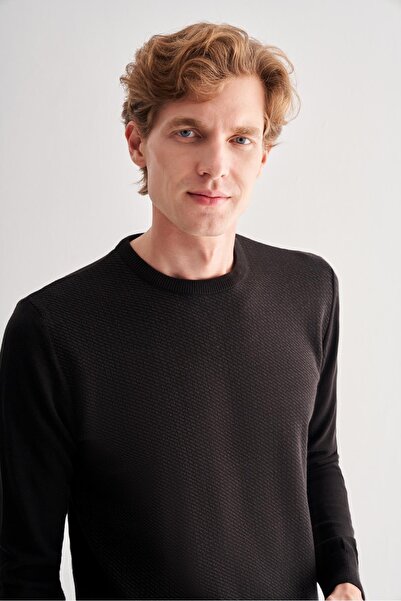 İmza Μαύρο πουλόβερ με μακρύ μανίκι χωρίς τσέπες Comfort Fit βαμβακερό πλεκτό πουλόβερ 1012255220