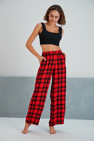 loia Women's Red Plaid Patterned Wide Leg Pants Elastic Waistband Comfortable...