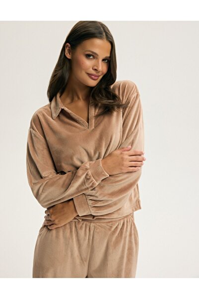 ESOTIQ Women's Fleece Two-Piece Set Sweatpants & Blouse Loungewear Ribbed High Waist with Pockets | Cora