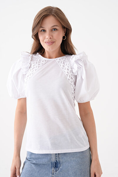 loia بلوزة نسائية صيفية أنيقة كاجوال بأكمام بالون بيضاء وتفاصيل من الدانتيل L...