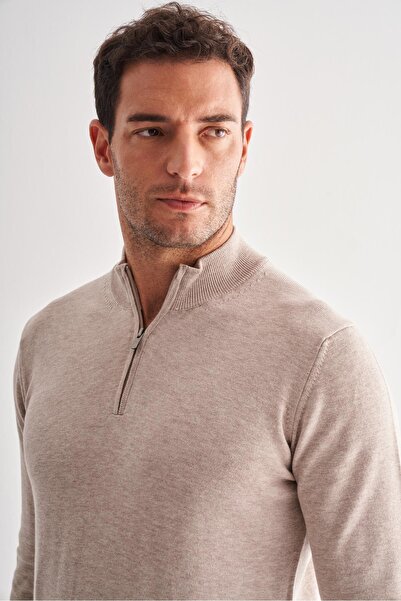 İmza Ανοιχτό μπεζ πουλόβερ με φερμουάρ ψηλός λαιμός μακριά μανίκια χωρίς τσέπες Comfort Fit Classic βαμβακερό πλεκτό πουλόβερ 1012255201