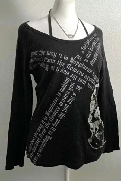 Karakedi Siyah Gotik Skull Askılı Y2K Uzun Kollu Crop