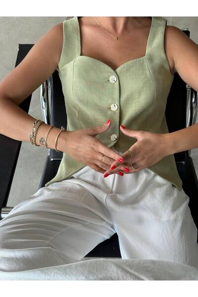 BETULAKSUBUTİK Cotton Linen Buttoned Vest