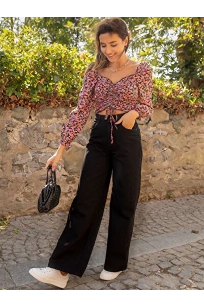 mooishan بنطلون جينز نسائي فضفاض أسود واسع الساق غير يتلاشى