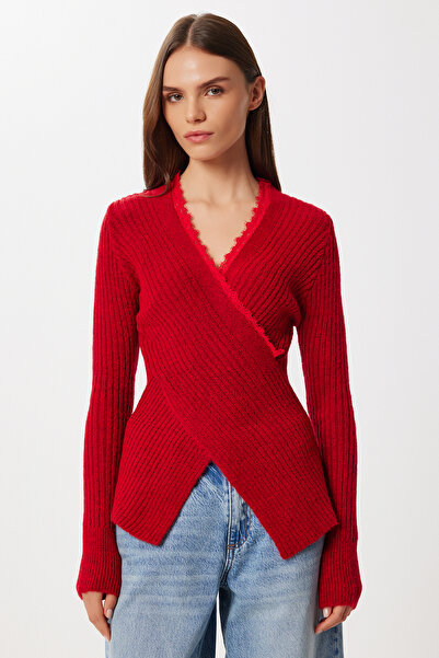 Lovelyİstanbul Pulover din tricot cu guler dublu cu dantelă LRG0045 ROȘU