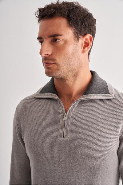 İmza Gray Zippered Half-Fisherman Long Sleeve Pocketless Comfort Fit Casual Cotton Knitwear Sweater 1012255204