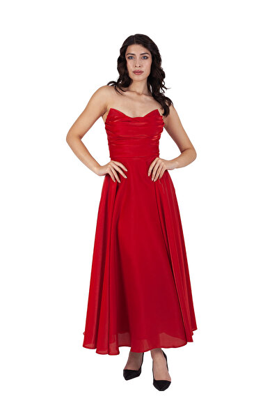 b&ççizgi Straplez Drapeli Midi Elbise