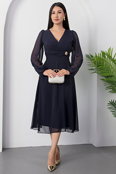 PULLIMM Сукня з круазевим коміром, поясом і довгими рукавами з шифону 2025-4329