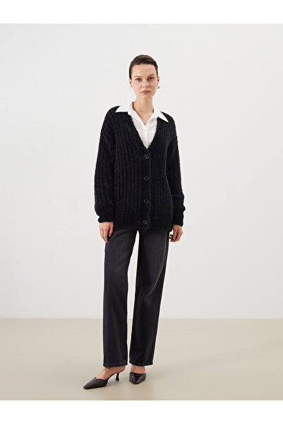 LC Waikiki Siyah V Yaka Kadın Pelüş Triko Hırka