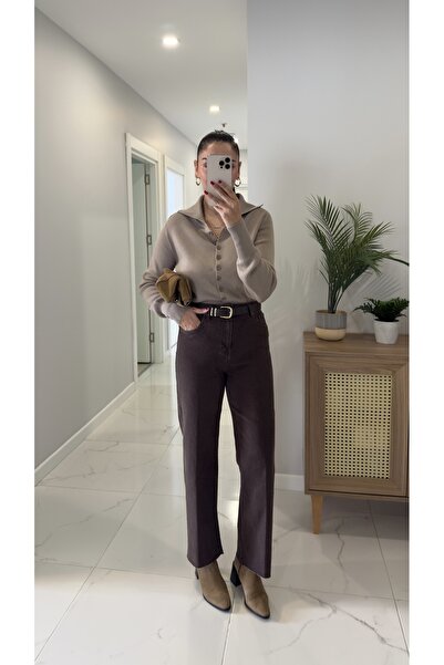 BİRCANÇİL بنطلون جينز مستقيم من ميلوتي كافيه ويتشينج كيستد باتش مع حزام