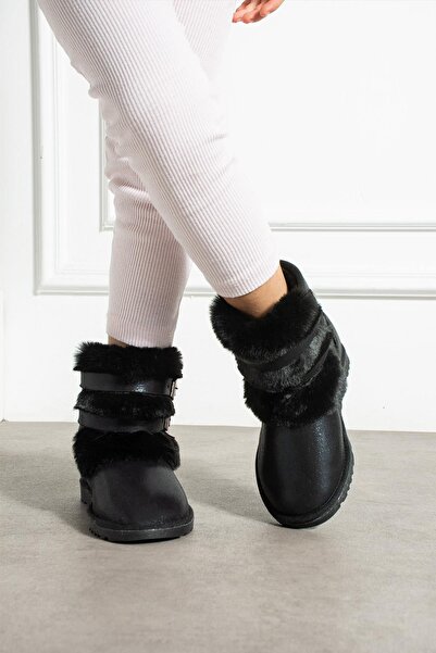 CCWAY AYAKKABI Çift Tokalı İnce Taban Kadın Bot SİYAH SULTAN