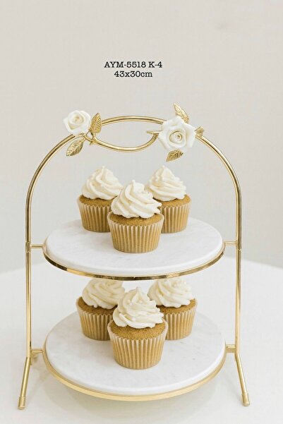 Lunara Gold Metal Stand Rose Detail Marble Model Round 2-Tier Presentation Tray Cookie Holder 43X30Cm