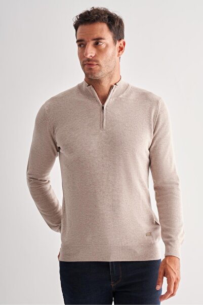 İmza Ανοιχτό μπεζ πουλόβερ με φερμουάρ ψηλός λαιμός μακριά μανίκια χωρίς τσέπες Comfort Fit Classic βαμβακερό πλεκτό πουλόβερ 1012255201