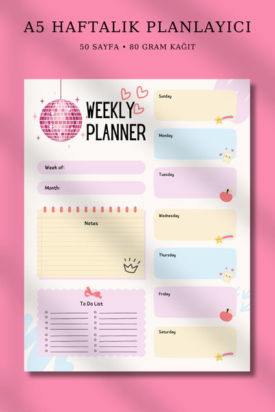 pnkycrco A5 Haftalık Planlayıcı Disco Topu | Bloknot Notepad To do List Not K...