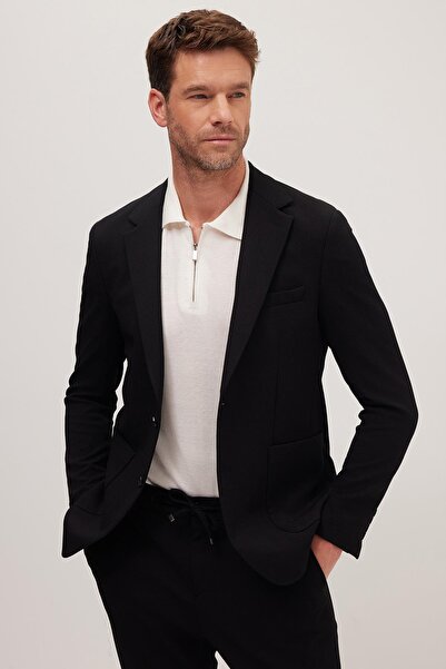 Tudors Men's Regular Fit Black Stretchy Lycra Fabric Mono Collar Bag Pocket Suit