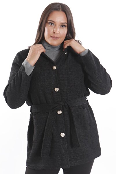 Metpoint Jachetă neagră cu detaliu de buzunar, cu curea și închidere cu nasturi