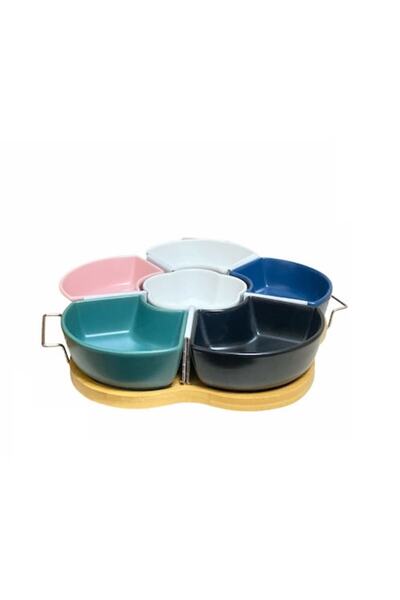 OEM Set aperitiv, ceramica, 6 boluri, 1 platou de lemn, multicolor, 35x5 cm