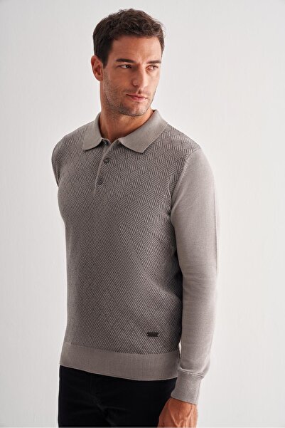 İmza Pulover din bumbac, gri deschis, cu guler polo, cu mânecă lungă, fără bu...