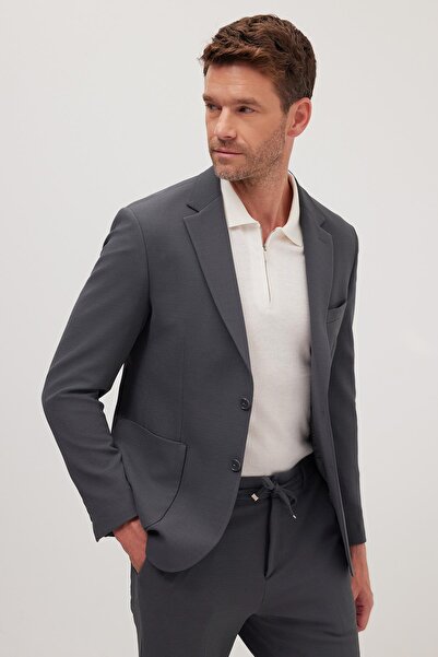 Tudors Men's Regular Fit Anthracite Stretch Lycra Fabric Mono Collar Suit with Pocket