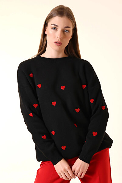 loia سترة نسائية سوداء بياقة دائرية ونقش قلب للشتاء، مقاس كبير، تريكو LOİA25-...