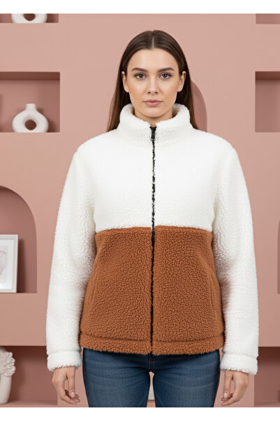 Fifty Color Trend, Women'S, Cinnamon - White, Color Block, Zipper, Stand-Up Collar, Sherpa, Fleece, Jacket