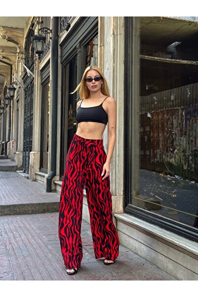 loia Women's Red Viscose Patterned High Waist Lace-Up Wide Leg Pants Loi̇25-P...