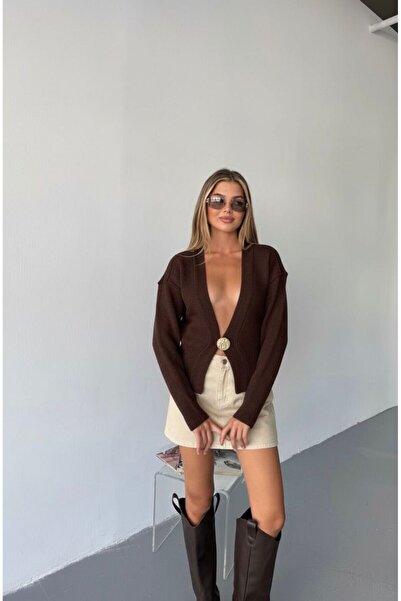 FOORS Cardigan maro din tricot cu accesorii aurii