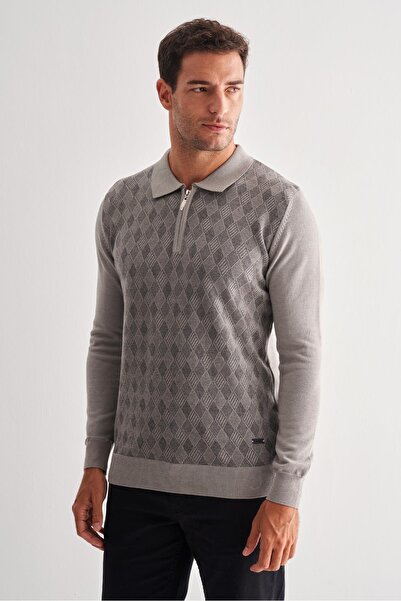İmza Ανοιχτό γκρι πουλόβερ με φερμουάρ με μακρύ μανίκι χωρίς τσέπες Comfort Fit βαμβακερό πλεκτό πουλόβερ 1012255223