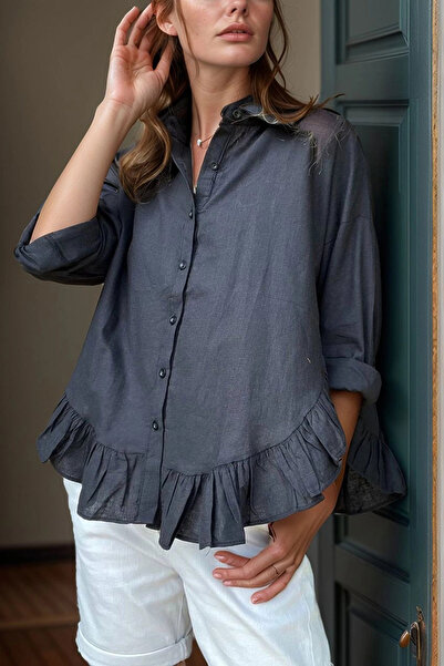 loia Women's Black Skirt Ruffled Voile Loose Long Sleeve Shirt Loi̇a25-5164