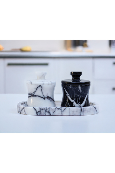 marbelix فينيا - طقم توابل رخامي بتصميم خاص مكون من قطعتين - يشمل صينية - طقم برطمانات رخامية مصنوعة يدويًا